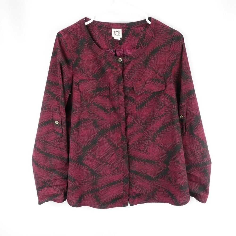 ANNE KLEIN Women's Burgundy Print Long Sleeve Blouse Size S
